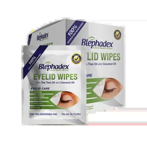 Patient using Blephadex eyelid foam cleanser for lid hygiene and blepharitis management — available through Lunovus Bulk Order