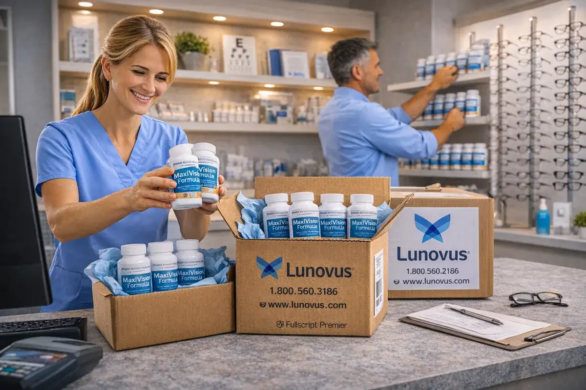 32-product Lunovus supplement catalog showing American-made eye care supplements with wholesale pricing