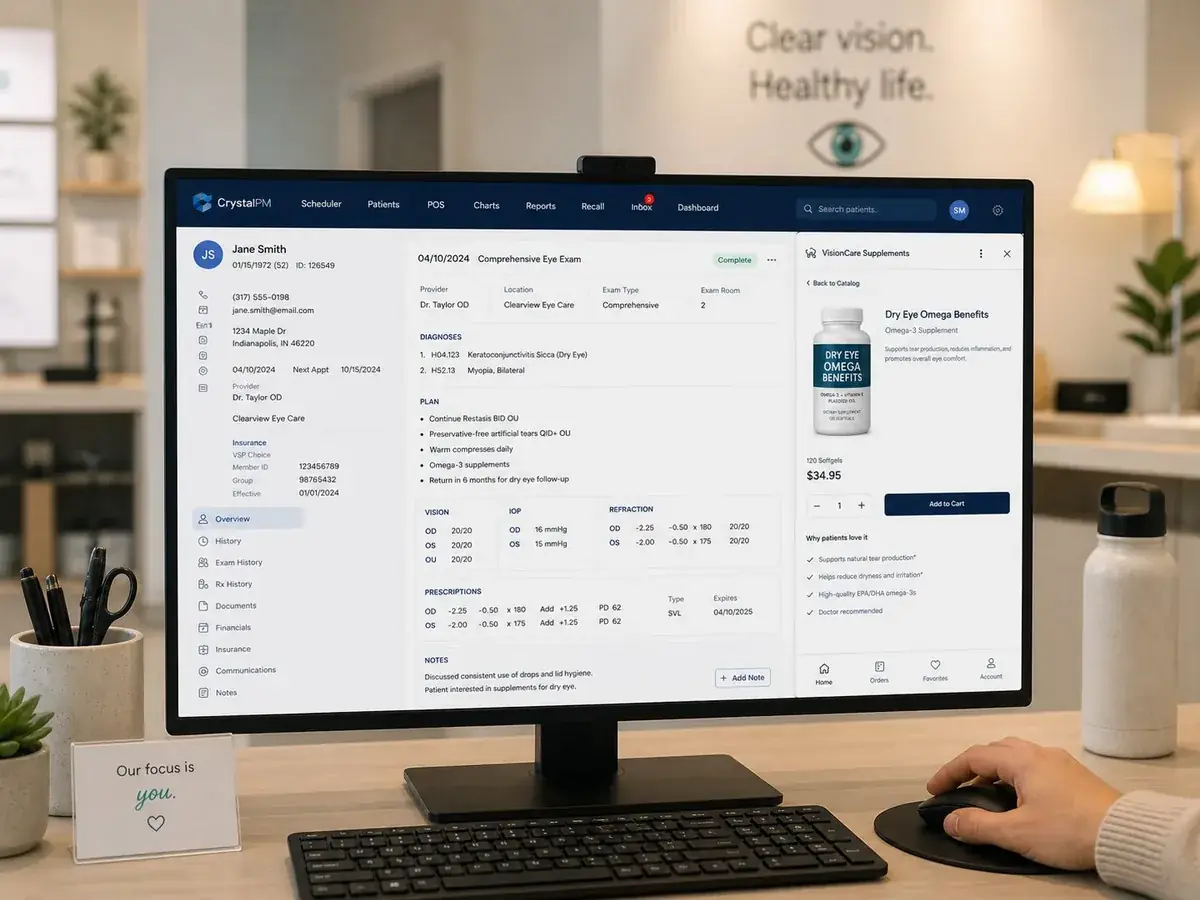 CrystalPM patient chart with VisionCare Supplements panel open showing Dry Eye Omega Benefits supplement ready for one-tap EnrollPro enrollment