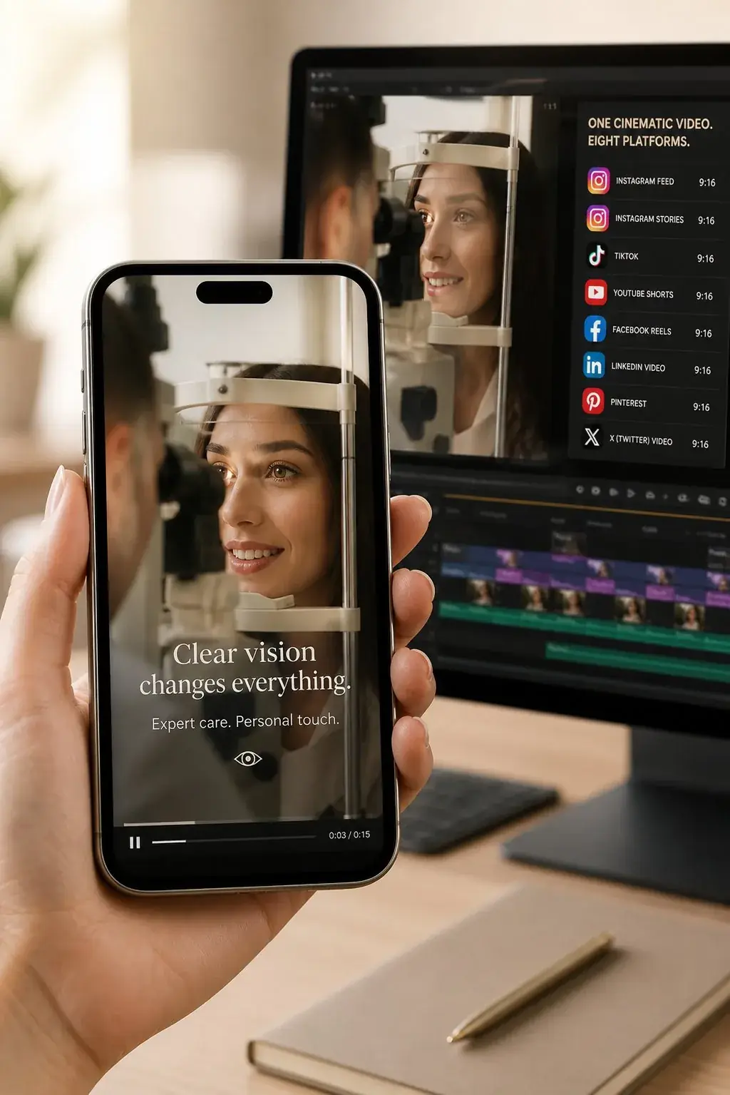 EyeCare Studio rendering a 9:16 vertical video for an optometry practice with native voiceover and multi-platform social copy