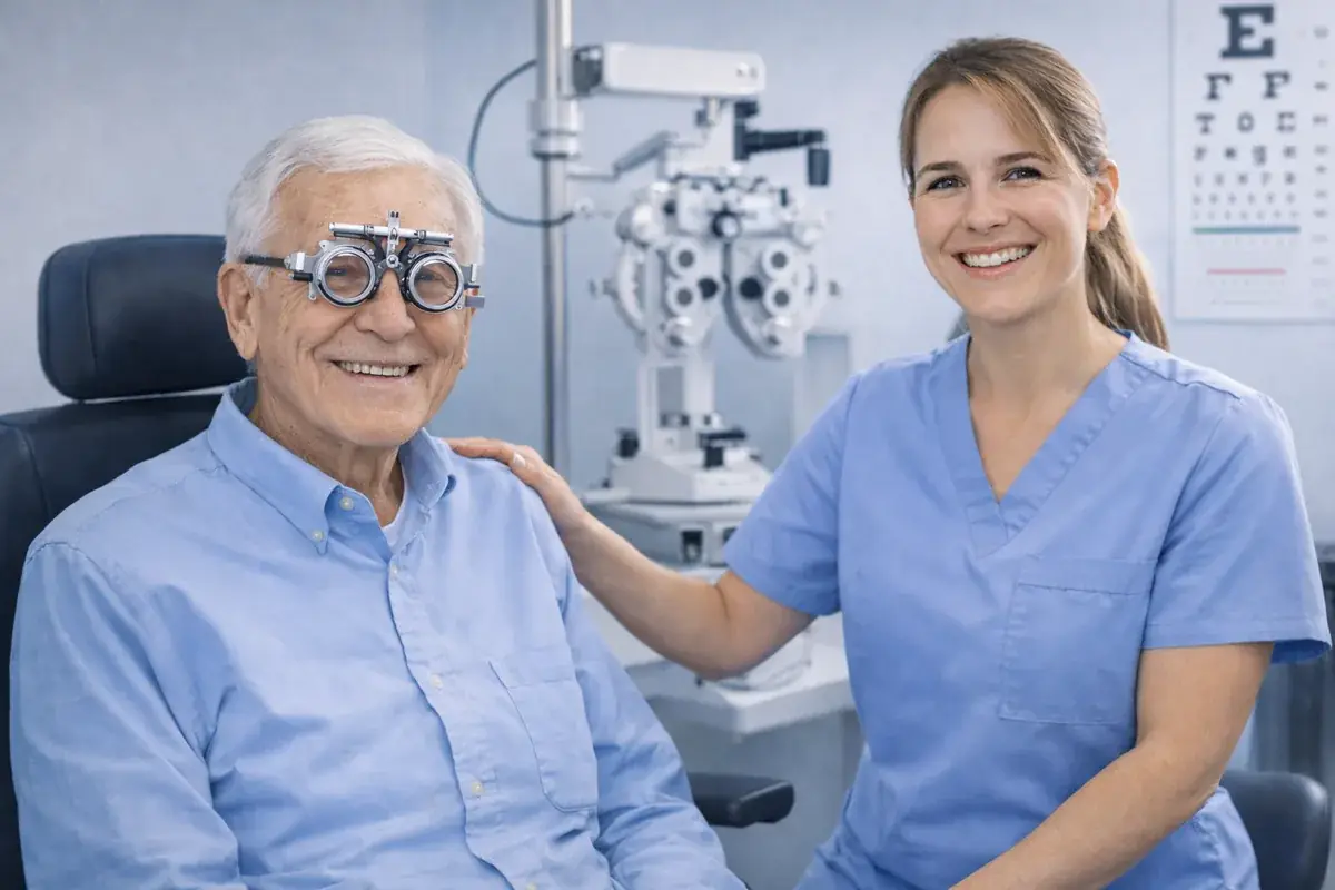 Senior optometry patient in trial frames smiling with staff member during exam — the moment where revenue is captured or lost