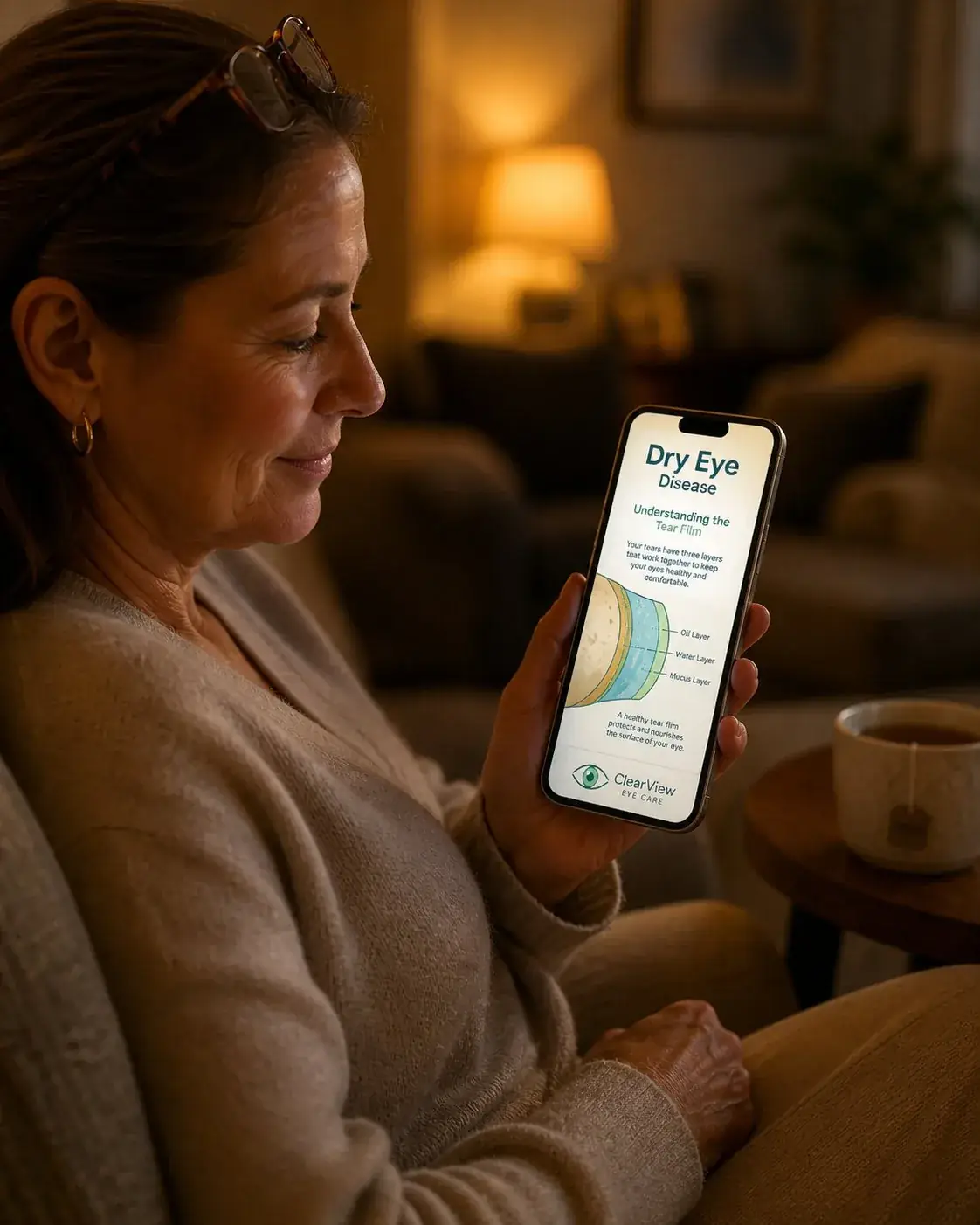 Patient at home in evening reviewing branded PatientReach education guide on phone — animated, mobile-optimized, doctor-branded