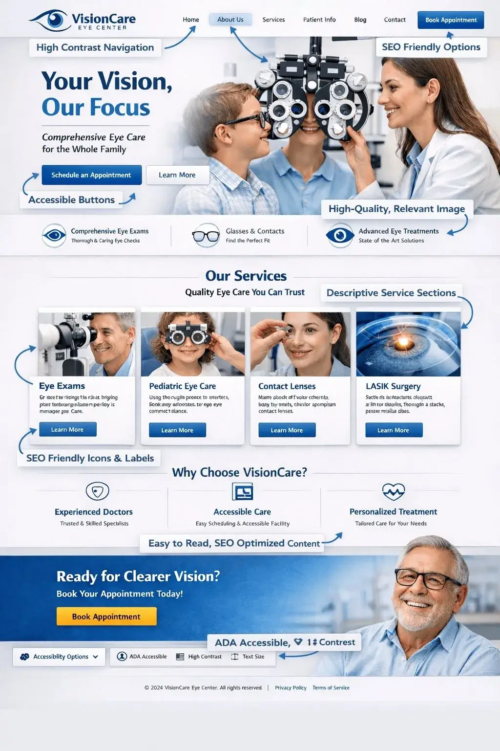OptiSite example showing ADA-compliant, mobile-optimized optometry website with clean clinical design