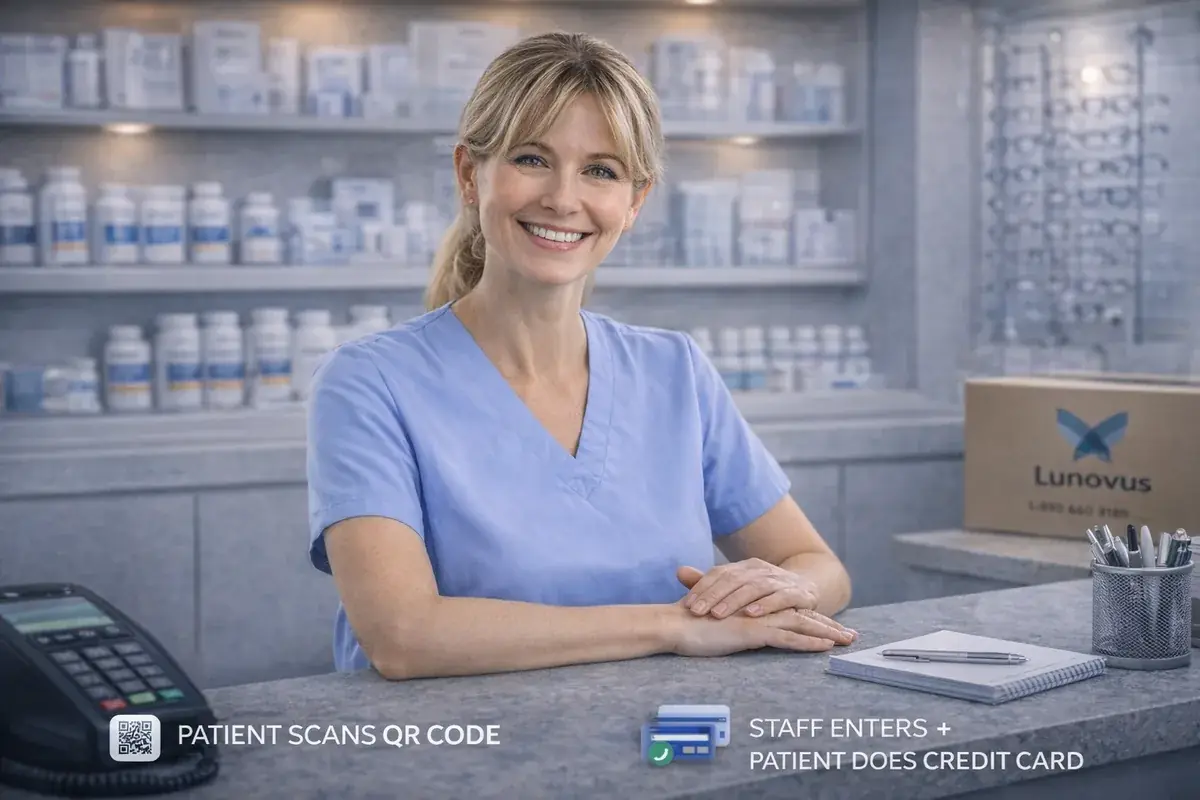 Optometry front desk staff member with supplement shelves visible, captions showing the EnrollPro flow — patient scans QR code, staff enters details, patient pays on their own device