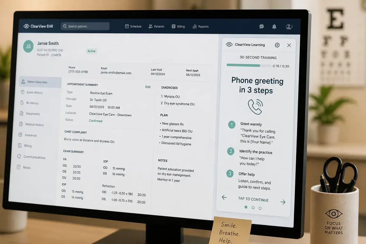 StaffLift micro-training module on phone — under-30-second tap-through format for optometry staff
