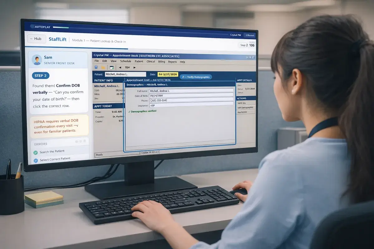 Front desk staff member completing StaffLift Module 1 — Patient Lookup & Check-in — running directly inside CrystalPM with HIPAA verbal-DOB confirmation tip visible